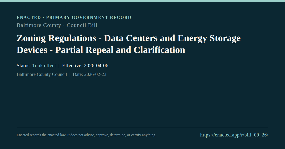 Zoning Regulations - Data Centers and Energy Storage Devices - Partial Repeal and Clarification
